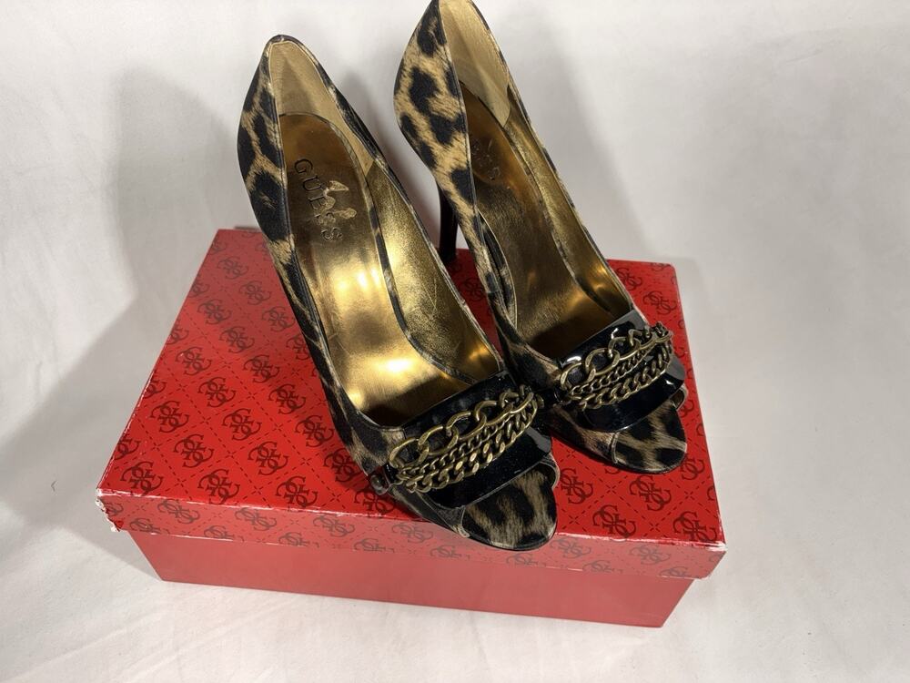 Guess Open Toe Chain Punk Leopard Pumps 7.5